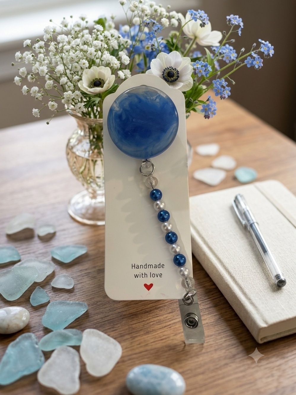 Handmade Blue Cloudy Resin Badge Reel with Pearl Bead Dangle